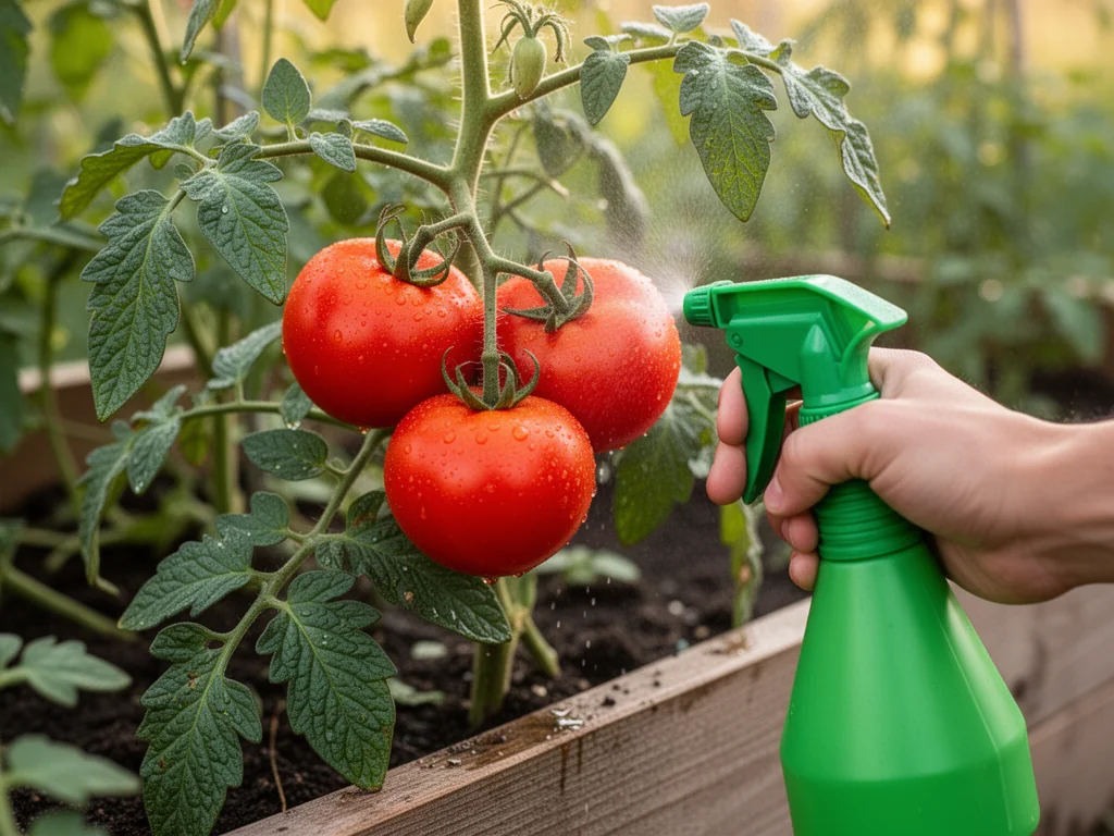 Zdrowe czerwone pomidory w ogródku opryskiwane zielonym spryskiwaczem, krople naturalnego preparatu na liściach
