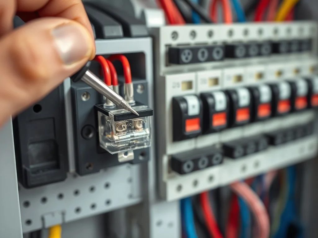 Technik reguluje nowoczesny bezpiecznik w rozdzielnicy, widoczne podłączenie przewodów z góry i z dołu