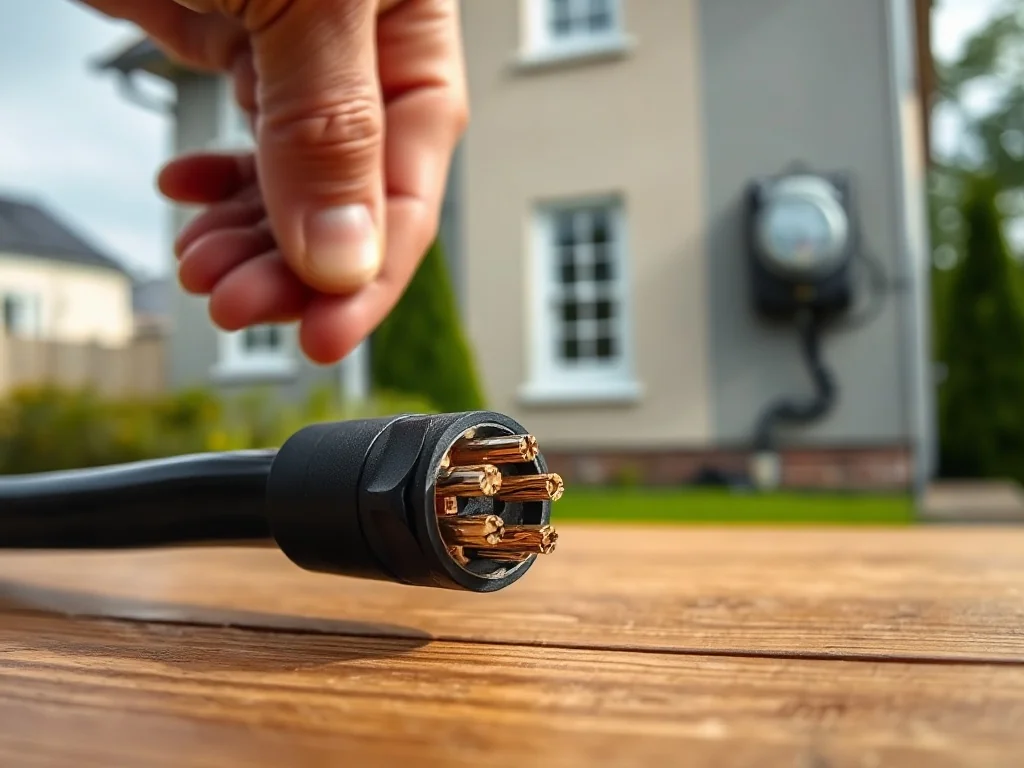 Elektryk trzyma gruby kabel z odsłoniętą miedzią na tle nowoczesnego domu z zewnętrzną skrzynką elektryczną.