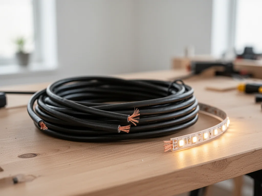 Zwinięty czarny przewód elektryczny z odsłoniętymi żyłami obok ciepło świecącej taśmy LED na drewnianym blacie.