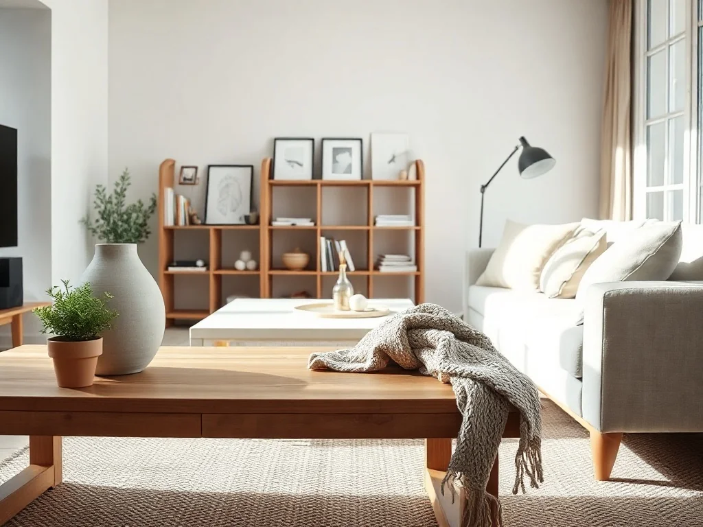 Przytulny salon w stylu skandynawskim z jasną sofą i drewnianym stolikiem, podkreślający estetykę marki Pier One