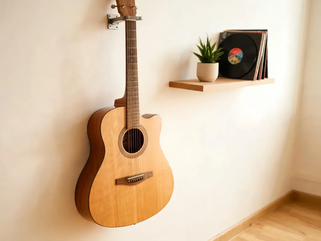 Akustyczna gitara zawieszona na ścianie w jasnym, skandynawskim salonie, pokazująca estetyczny sposób montażu.